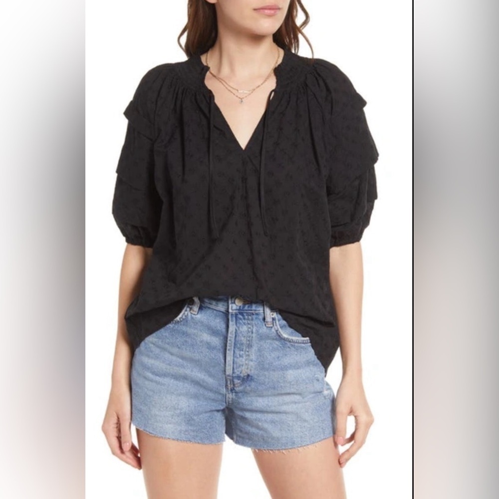 Rails Paris Black Embroidered Daisies Blouse Women's‎ XS NWT